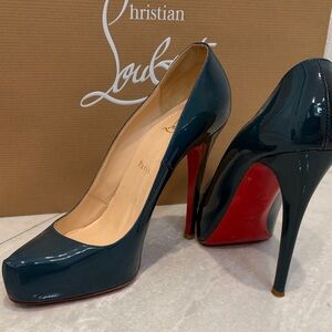 Christian Louboutin Dark Teal Patent Platform Pumps with Red Sole